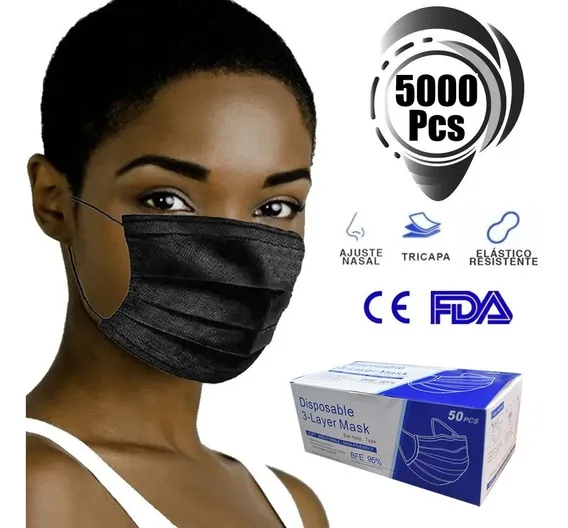 5000 Cubrebocas Tricapa Termosellado Mascarilla Adulto Negro